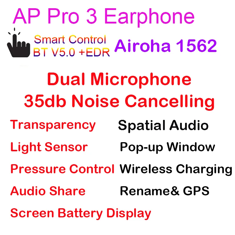

Airs3 Pro TWS Real Noise Cancelling ANC BT5.0 Earphone Airoha 1562 Wireless Headphones Spatial Audio Earbuds Bass Headset