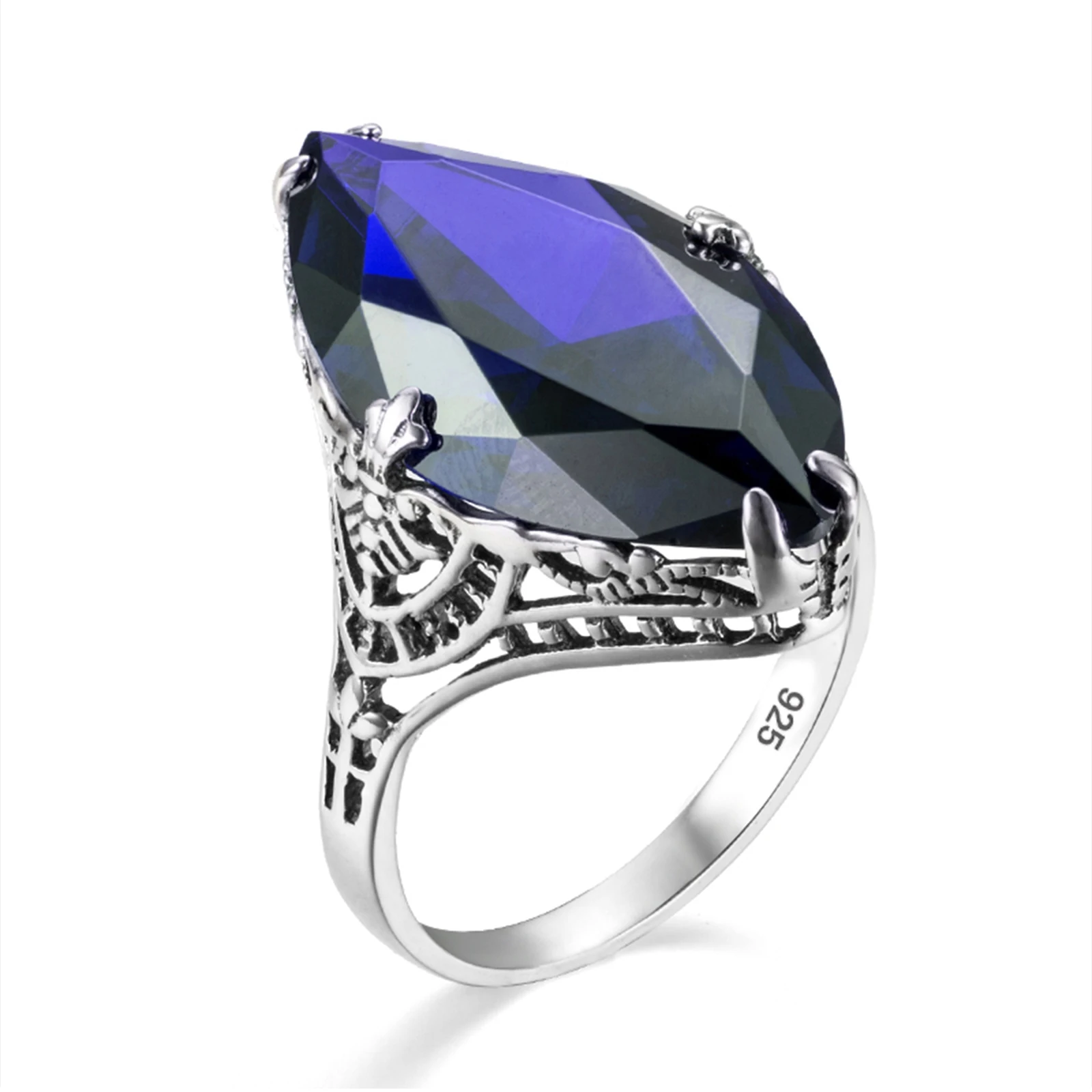 Luxury High Jewelry Fine Filigree Rings Woman Sapphire Garnet Ring Vintage Sterling Silver Jewelry