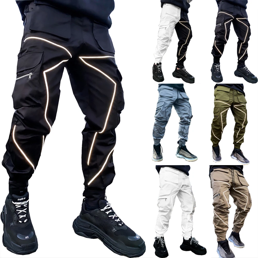 

Men's Spring Pants & Trousers Black Men Reflective Multi-pocket Harem Hip Pop Pants Streetwear Cargo Jogger Track Pants RS00702