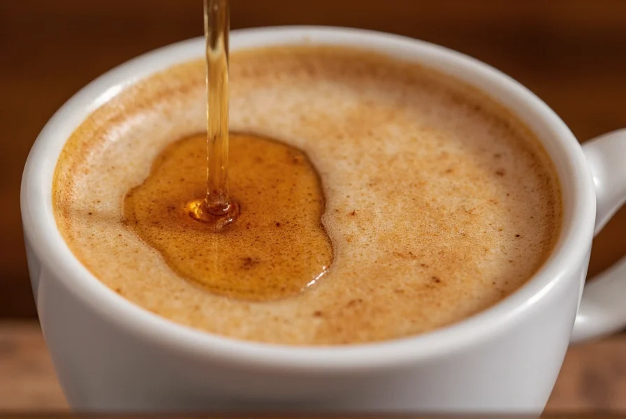 Close-up of honey drizzling into espresso with cinnamon sprinkled on top