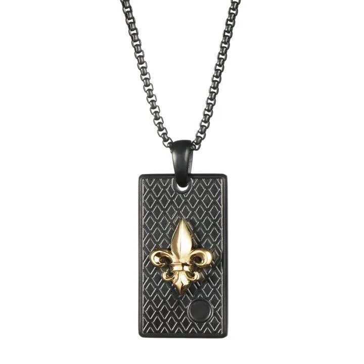 

Men's Black Rectangle Pendant Fleur De Lis Necklace, Picture shows