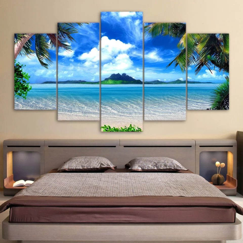 Modern 5 Panels Blue Sea Beach Pictures Paintings on Canvas Wall Art Stretched Landscape Ocean Canvas Prints for Home Decor