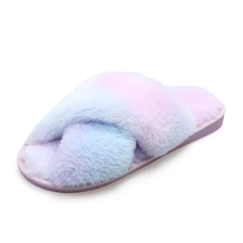 

Women Fancy Double Straps Slippers Open Toe Flat House Fur Slippers, As picture