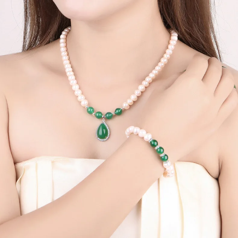 

Weihao newest fashion Green Agate Pendant +925 Silver Earring Freshwater Pearl Necklace Set, As picture show
