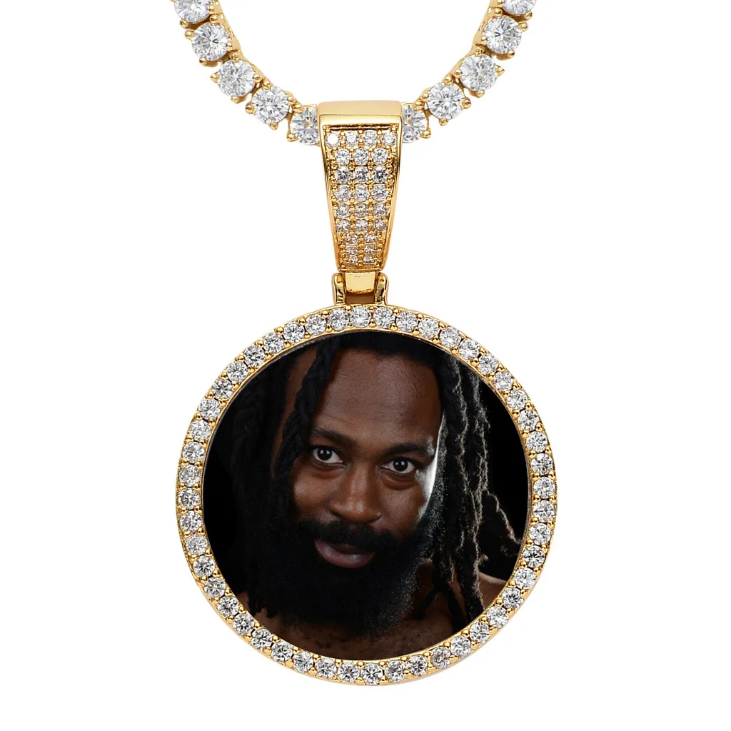 

Custom Circle Photo Medallions Necklace & Pendant With 4mm Tennis Chain Gold Color Cubic Zircon Men's Hip hop Jewelry