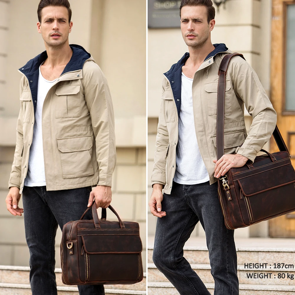 

Hot Sale Fashion Style Crazy Horse Leather Bag Men Large Capacity 17 inches Genuine Leather Laptop Bag Briefcase