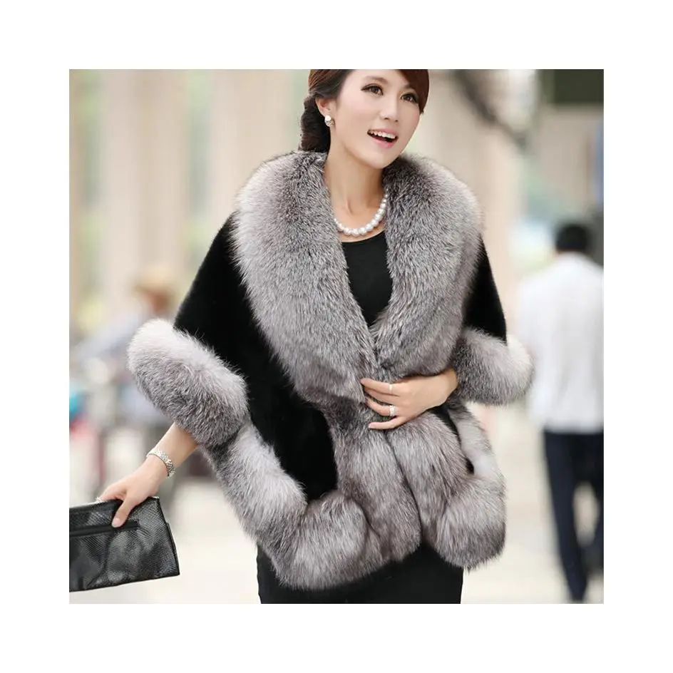 

Portable Black Smooth Short Fit Grey Collar Half Sleeve Faux Fur Shawl for Women