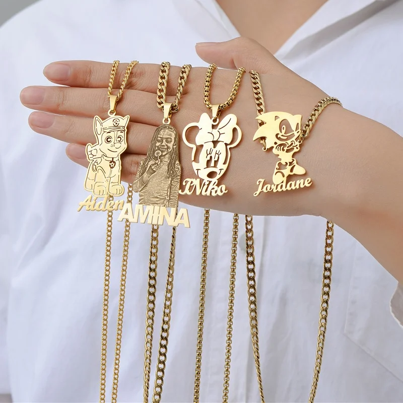 

Custom Name Cartoon Character Necklaces Pendants Kids Nameplate Jewelry Personalised Stainless Steel Letter Necklace, Silver, gold, rose gold;customized color