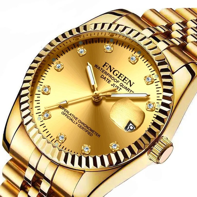 

FNGEEN 3301 Men Top Brand Luxury Business Couple Watch Waterproof High-end Crystal Gold Watch Quartz Calendar Clock Wristwatches, 6-colors