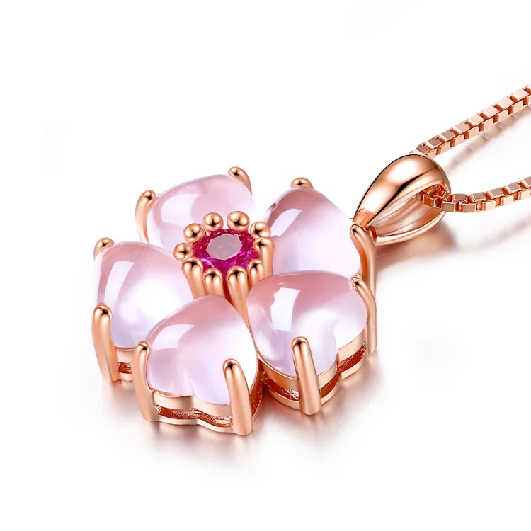 

Wholesale Rose Gold Colour Daisy Elegant Peach Blossom Charm Sunflower Flower Rose Pink Quartz Red Zircon Necklace, Silver, gold, rose gold or customized