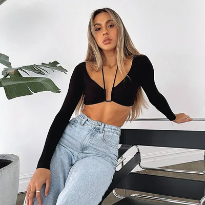 

2021 Fall Fashion Solid Women V Neck Long Sleeve Casual Top Sexy Hollow Out Crop Top For Ladies