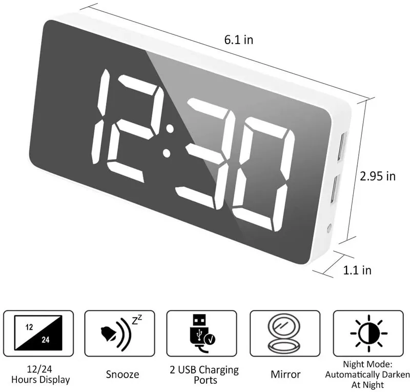 

Digital Alarm Clock for Bedroom with USB Charging Port Large Mirrored LED Display Mirror Clock Desktop Clock, White, black