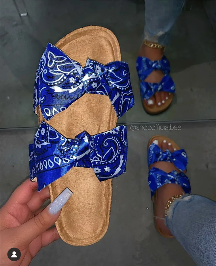 

Bandana Slides for Women 2021 Slippers Cow Bow Slides Tie Dye Sandals Rainbow Summer Graffiti Flast Footwear Wholesale, As picture