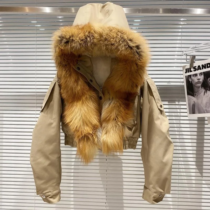 

OUDINA Winter Fox Fur Hat Bubble Coat With Hood Short Cropped Jacket Hoodie Womens Fur Coats For Ladies, Beige/black/khaki