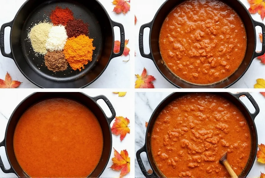 Step-by-step preparation of pumpkin chili showing ingredients in a cast iron pot with autumn leaves in background
