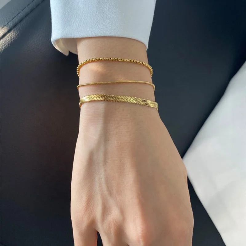 

Daily Flat Snake Chain Stacking Bracelet For women Gold Plated Stainless Steel Thin Snake Bone Chain Square chain Bracelet