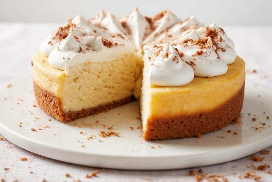Perfectly sliced cinnamon roll honeybun cheesecake showing distinct layers with golden brown topping and creamy cheesecake base