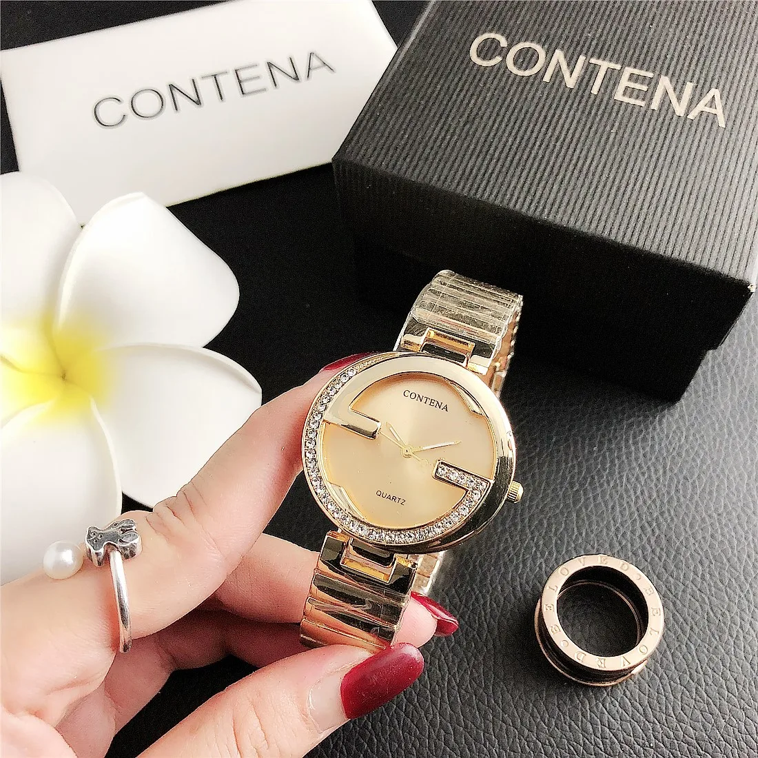 

OEM Custom Luminous Watches Geneva Women Gold Crystal Stone Wristwatch Ladies Clock