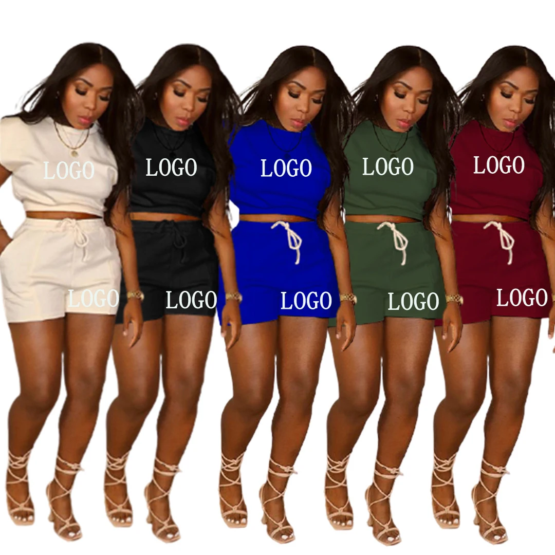 

2022 custom LOGO embroidery summer outfits women two piece short sets shorts matching