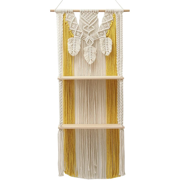 

2-tier macrame shelf macrame wall floating shelf handmade feather macrame plant hanger shelf, White.orange