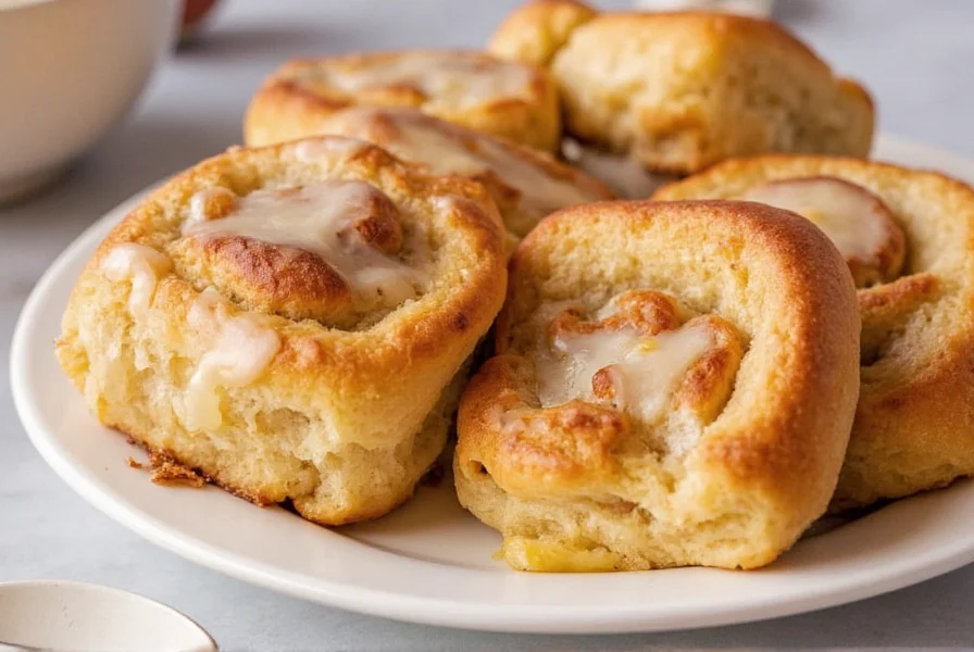 Perfectly golden apple cinnamon rolls with cream cheese icing drizzled on top, close-up showing layered dough and apple pieces
