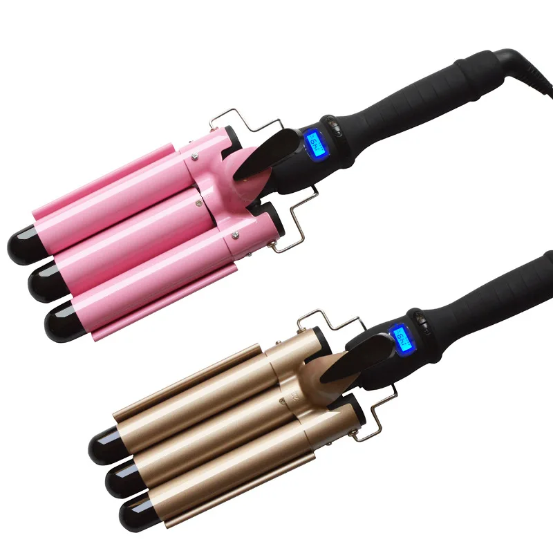 

Customized Three Barrel Curling Iron Wand with LCD Temperature Display Ceramic Tourmaline Triple Barrels with Dual Voltage Crimp, Gold/pink