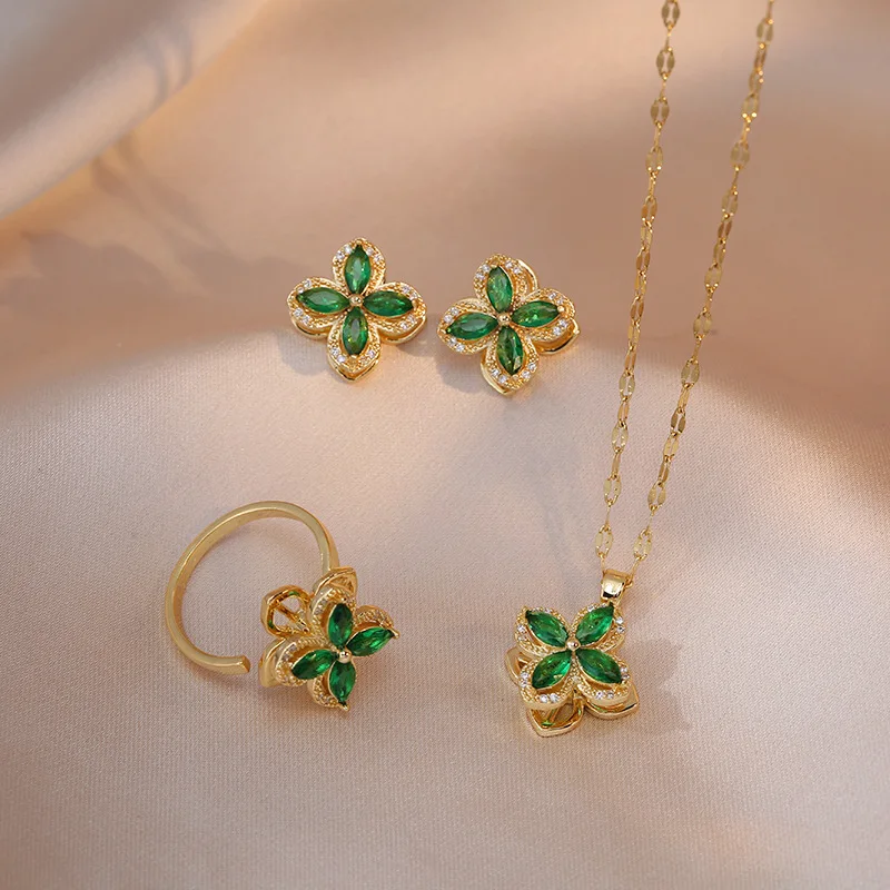 

Four Clover Necklace Earrings Spinner Ring Gold Set Rotatable Shiny Green Zircon Silver Fashion Jewelry Set for Women