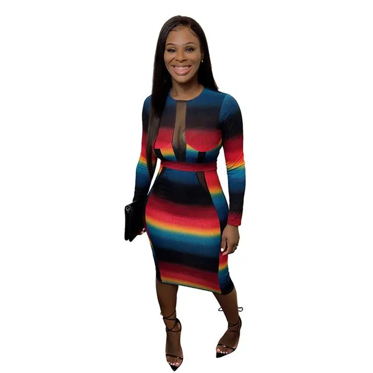 10609SS Cheap Apparel Colorful Stripe Peint Slim Sexy Bodycon Women Casual Dress Boutique Clothing