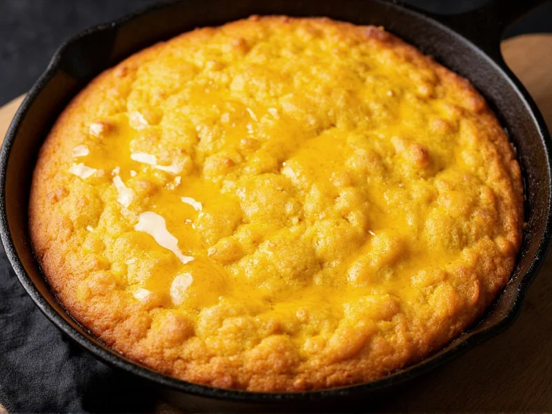 Golden corn bread with honey drizzle on cast iron skillet