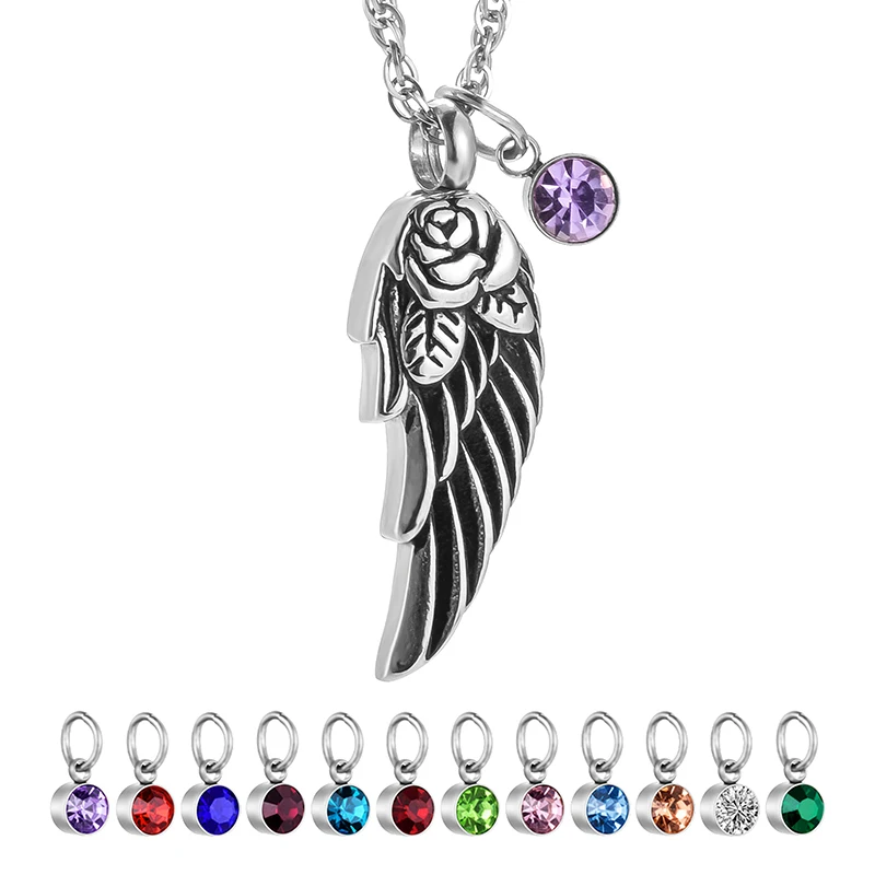 

Rose Wing Urn Necklace Stainless Steel Cremation Pendant Ashes Holder Jewelry, Silver