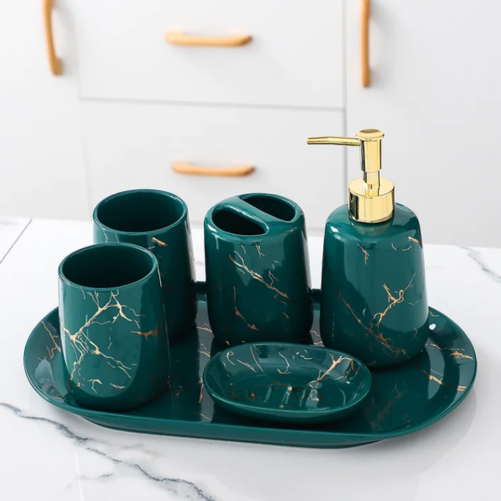 

Nordic Ceramic Light Luxury Bathroom Mugs Set European style Toothbrush Mugs Marble Ceramic Bathroom Set, Green