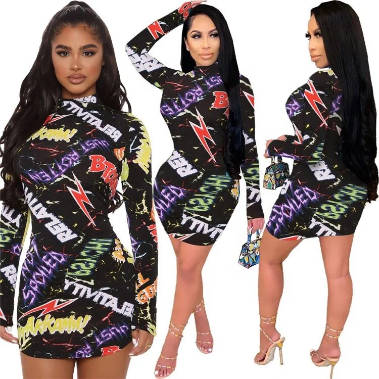 

Latest Design Print Long Sleeve Sexy BodyconCasual Dress Women Ladies Clubwear Women Casual Dress Fall Clothing For Women