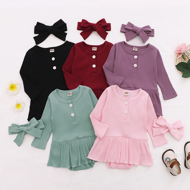 

Kids Clothes Girls Long Sleeve Romper Clothing Pit Knitted Jumpsuits Headbands 2Pc Outfits For Spring Autumn Baby Bodysuits M352