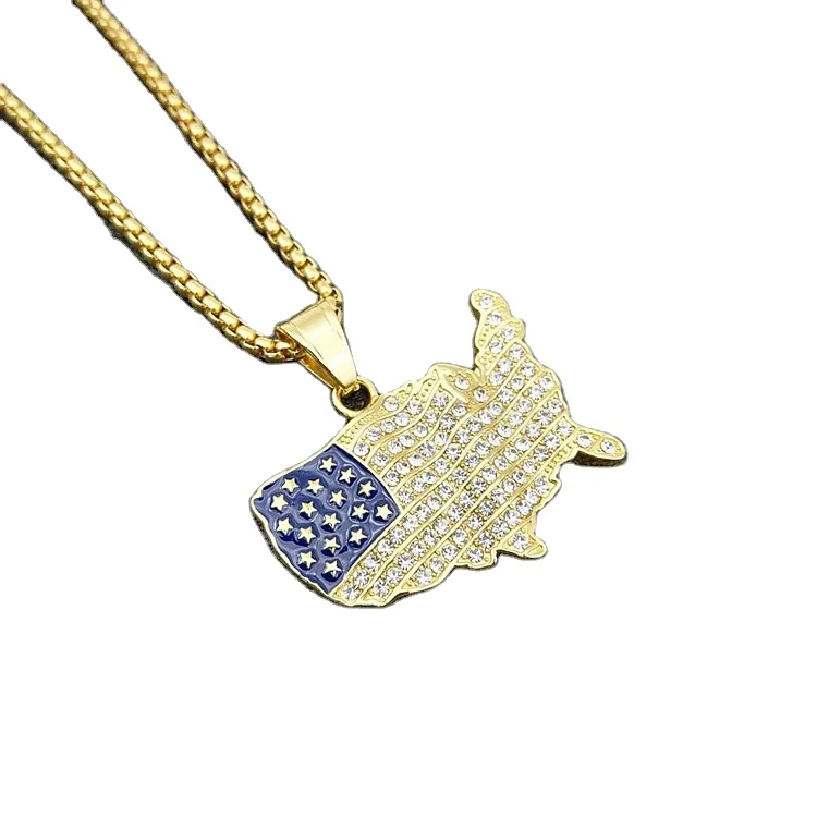

Hip Pops Unisex Real Gold Silver Plated Titanium Full Diamond America Map Pendant Necklace USA Map Necklace