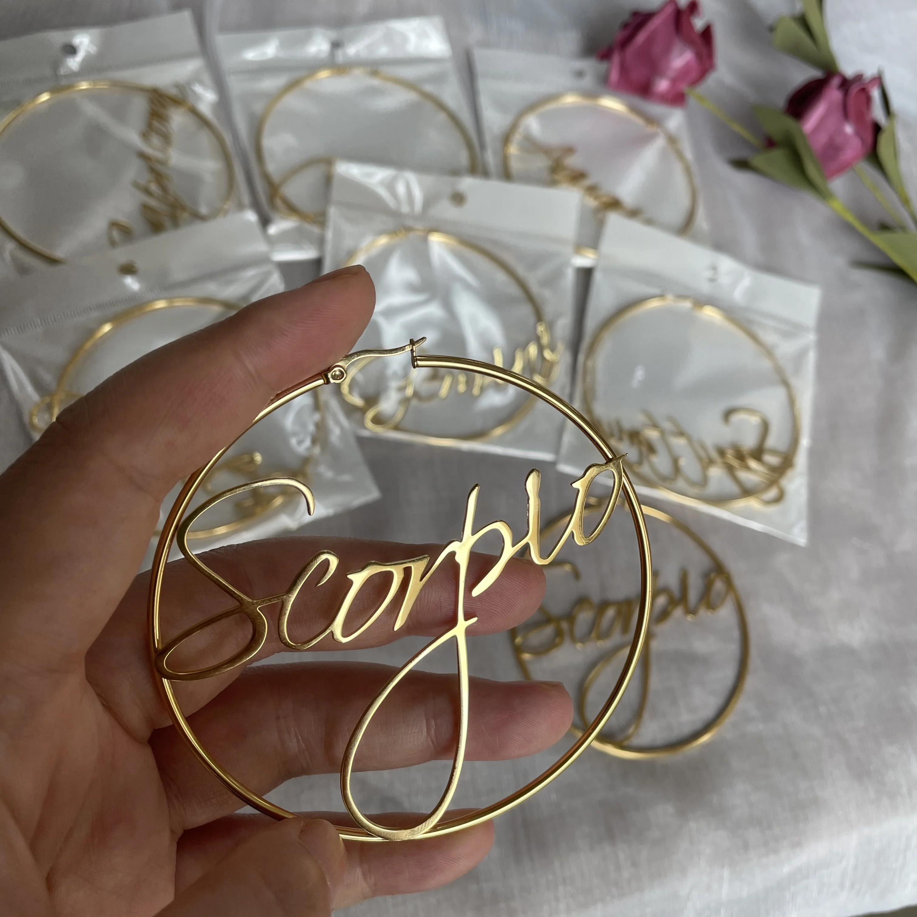 Stainless steel Gold plated boho horoscope 12 zodiac sign hoop earrings womens