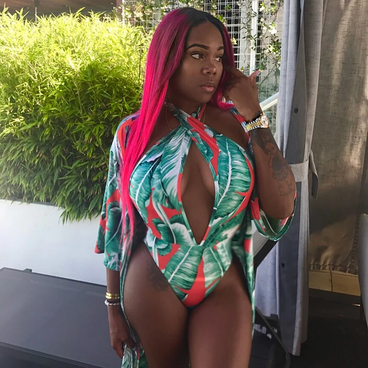 

Sexy Halter Print Bodysuit With Long Coat Deep V Neck One Piece Swimsuit With Long Cover Up Holiday Beach Wear -SM, Green