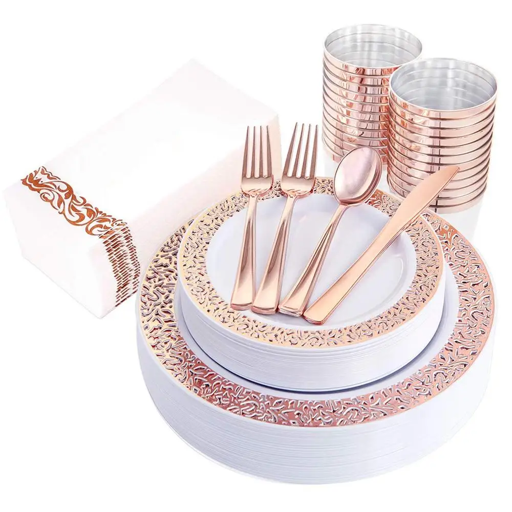 

Amazon Hot Sale Disposable Rose Gold Plastic Plates Gold Plastic Plate 25pack Plastic Dinnerware Sets, As picture