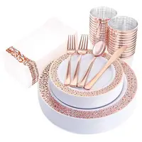 

Amazon Hot Sale Disposable Rose Gold Plastic Plates Gold Plastic Plate 25pack Plastic Dinnerware Sets