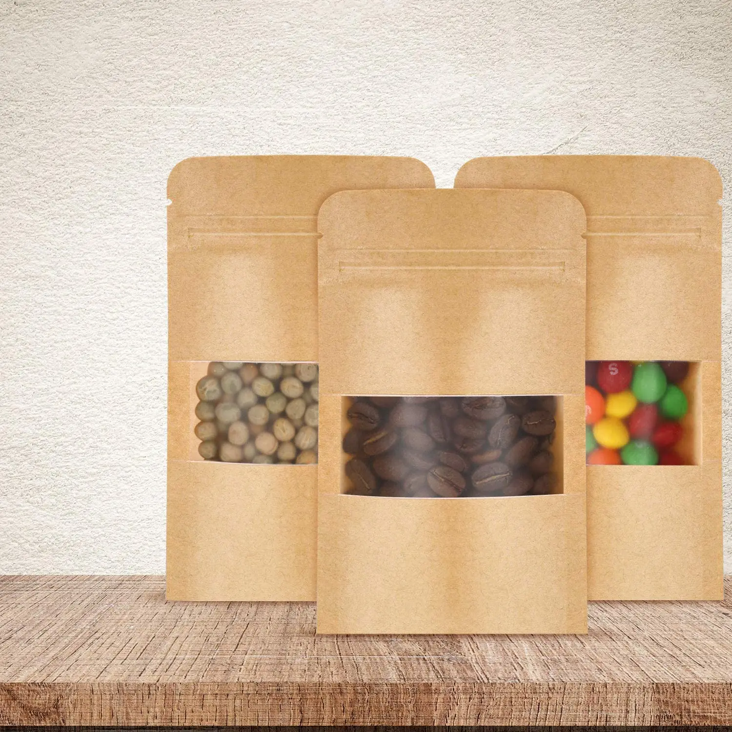 
Custom printed brown kraft paper food and snacks with clear window stand up pouches 