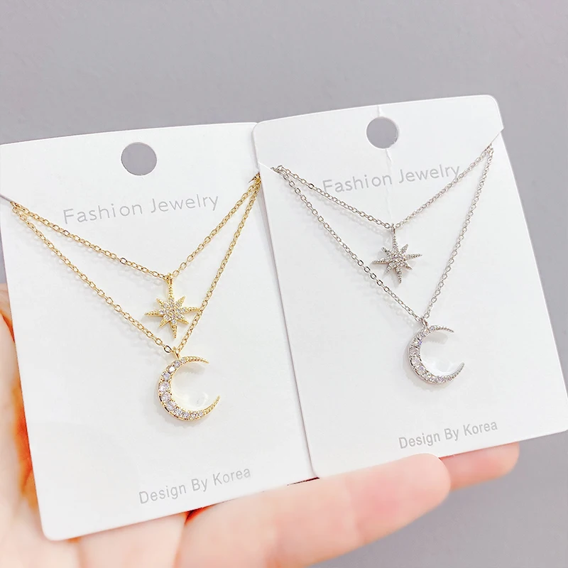 

XL61401 Korean fashion gold plated women jewelry zircon double layer moon and star clavicle chain pendant necklace