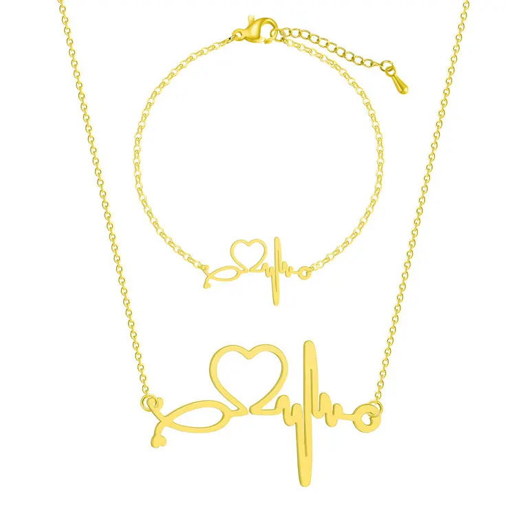 

SC Hot Selling Nurse Day Heartbeat Necklace Gift Creative Stainless Steel Lifeline Pulse Heartbeat Pendant Necklace Bracelet, Gold, silver, rose gold