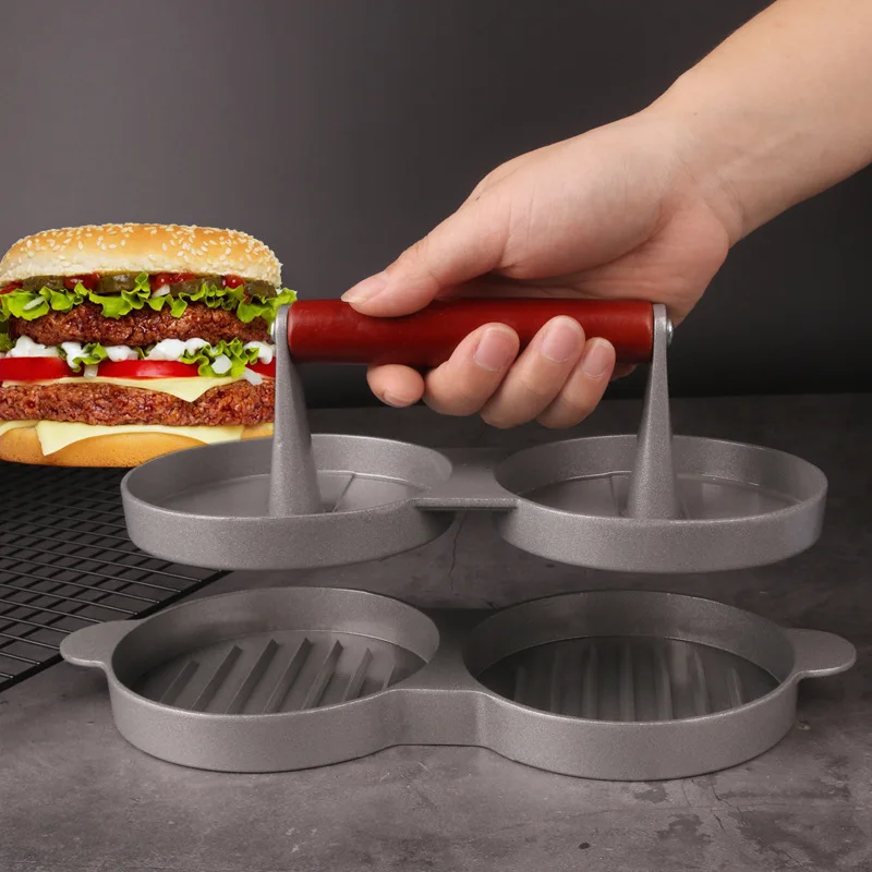 

Double lattice Hamburger Press single hole Hamburger Press creative meat press mold non stick coating mahogany handle Hamburger