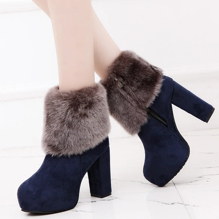 

Fashion Design Furry Rabbit Fur Chunky Block High Heel Boots For Women