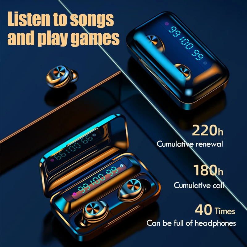 

Houc 2200mAh Charging Case Stereo Waterproof Wireless Headset Mini Earbuds with Mic True Wireless Bt Earphone Sport Headphones