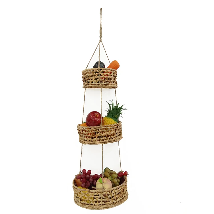 

Exquisite 3 tier water hyacinth natural material woven basket with hemp rope fruit storage basket hand-woven hang basket