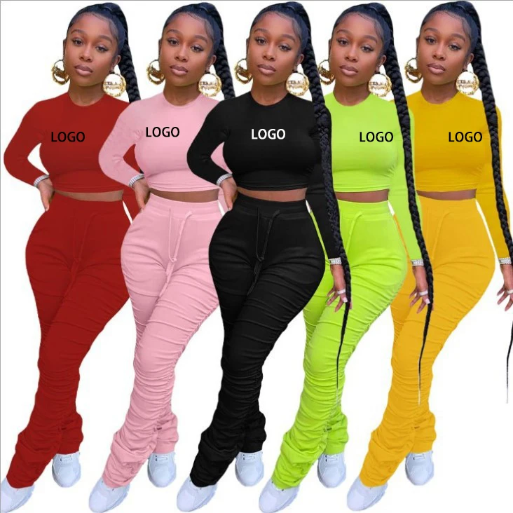 

New 2021 Fall Women 2 Piece tracksuit Set Women Clothing Two Piece Set for Women Autumn Crop Top stacked Pants Sweatsuit set, Black,pink,red,yellow,green