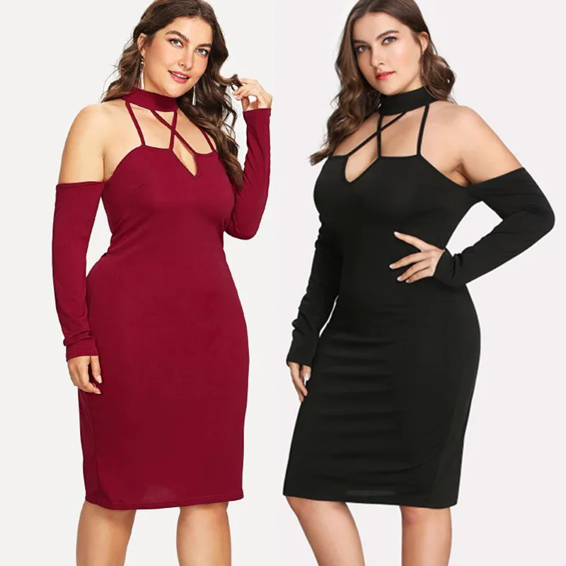 

Free Shipping Wholesale New Designs Off Shoulder Turtleneck Sexy Plus Size Party Dress Skirts Ladies 3XL Plus Size Dress