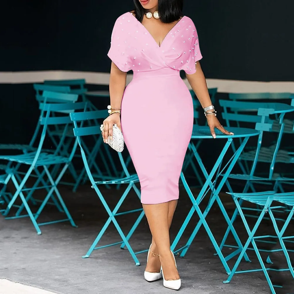 

3xl Plus Size Beading Summer Bodycon Dress 2020 African Women Pink Vestiods Elegant Office Ladies Midi High Waist Dress Party