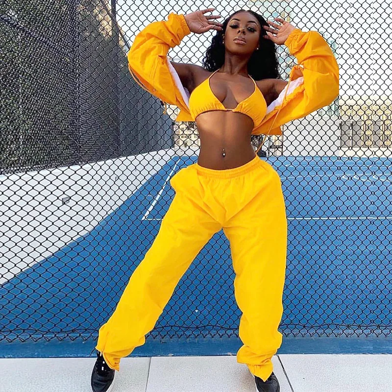 

Spring trendy 3 piece sports suit outfits casual coat with high waist sweatpants bra women set