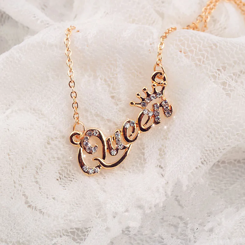 

Hot Selling Fashion Korean Choker Letter Queen Crown CZ Pendant Necklace for Women Girl Jewelry Gift, Gold,silver ,rose gold